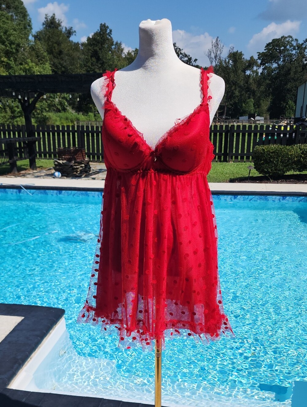 Red Polka Dot Mesh Babydoll Chemise with Ruffle Straps